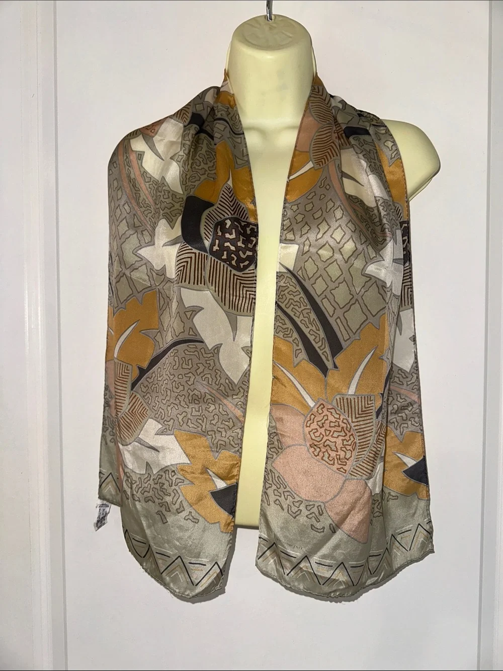 Vtg 80s Liz Claiborne Silk Scarf in Gold, Pink & Gray Abstract Floral Print